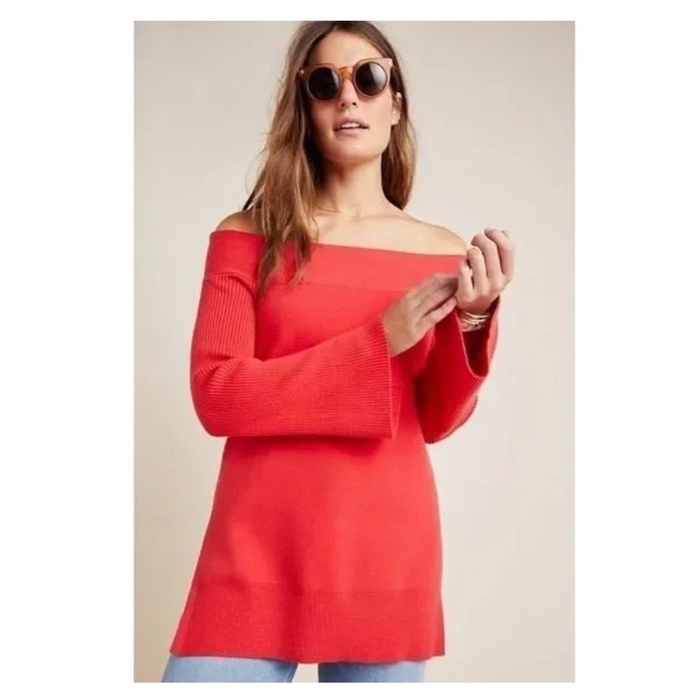 NEW By Anthropologie Elise Ribbed Tunic Red Knit Off-the-Shoulder Long Sleeve XL